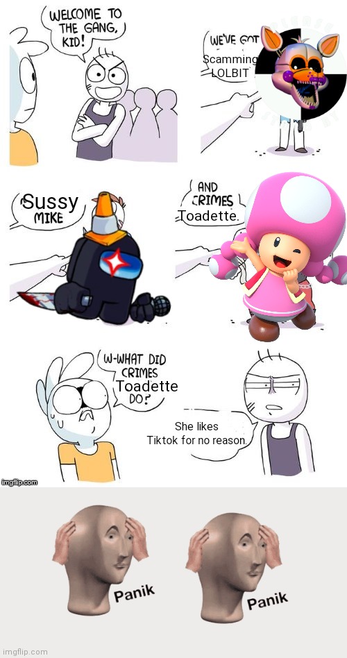 Crimes Toadette | Scamming LOLBIT; Sussy; Toadette. Toadette; She likes Tiktok for no reason. | image tagged in crimes johnson,super mario,among us,lolbit please stand by,fnaf | made w/ Imgflip meme maker