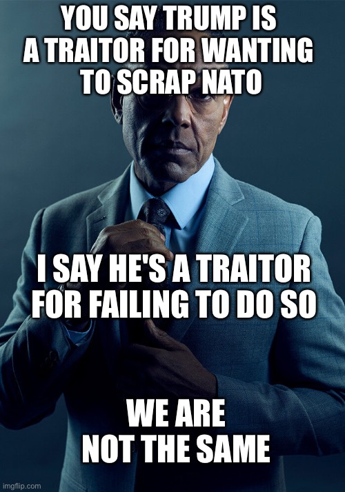 But muh military industrial complex! | YOU SAY TRUMP IS 
A TRAITOR FOR WANTING 
TO SCRAP NATO; I SAY HE'S A TRAITOR FOR FAILING TO DO SO; WE ARE NOT THE SAME | image tagged in gus fring we are not the same | made w/ Imgflip meme maker