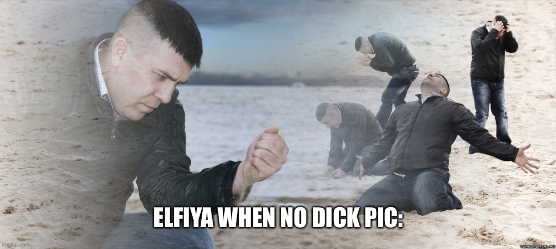 tragic | ELFIYA WHEN NO DICK PIC: | image tagged in guy with sand in the hands of despair | made w/ Imgflip meme maker