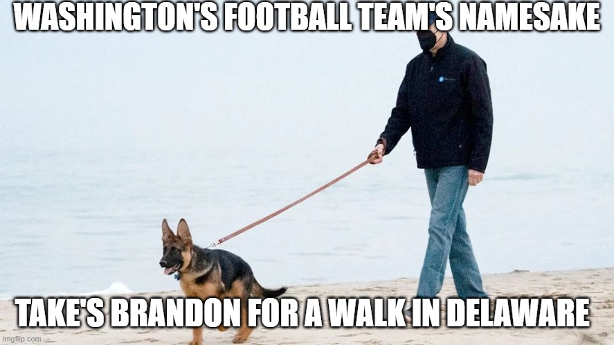 When a Team goes to the dogs. | WASHINGTON'S FOOTBALL TEAM'S NAMESAKE; TAKE'S BRANDON FOR A WALK IN DELAWARE | image tagged in when a team goes to the dogs | made w/ Imgflip meme maker
