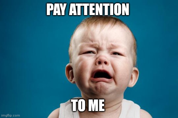 BABY CRYING |  PAY ATTENTION; TO ME | image tagged in baby crying | made w/ Imgflip meme maker