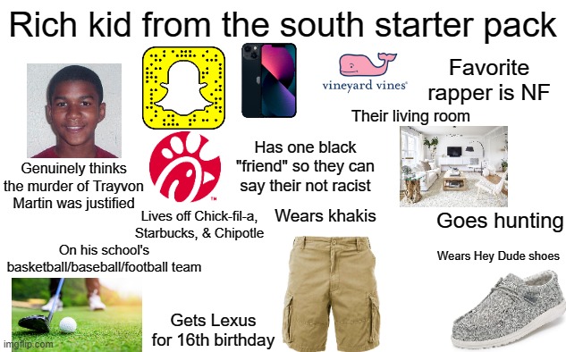 even if you're not from the south, you still know these people | Rich kid from the south starter pack; Favorite rapper is NF; Their living room; Has one black "friend" so they can say their not racist; Genuinely thinks the murder of Trayvon Martin was justified; On his school's basketball/baseball/football team; Wears khakis; Lives off Chick-fil-a, Starbucks, & Chipotle; Goes hunting; Wears Hey Dude shoes; Gets Lexus for 16th birthday | image tagged in rich kids,redneck | made w/ Imgflip meme maker