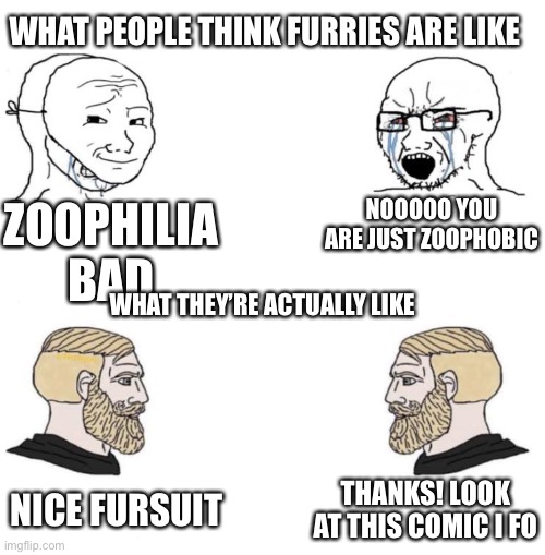 Thought of this yesterday. Ik it cringe asf | WHAT PEOPLE THINK FURRIES ARE LIKE; NOOOOO YOU ARE JUST ZOOPHOBIC; ZOOPHILIA BAD; WHAT THEY’RE ACTUALLY LIKE; THANKS! LOOK AT THIS COMIC I FOUND; NICE FURSUIT | image tagged in chad we know | made w/ Imgflip meme maker