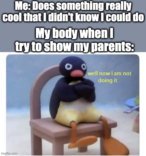 Happens all the time | Me: Does something really cool that I didn't know I could do; My body when I try to show my parents: | image tagged in well now i am not doing it | made w/ Imgflip meme maker