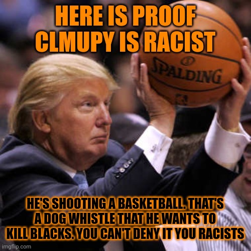 FLUMPY IS RACIST HED NEVER PARDON BLACKS OR RAPPERS ALL HIS SERVANTS ARE BLACK & HE KILLS BLACK KITTENS & HES A SUPER DUPER RACI | HERE IS PROOF CLMUPY IS RACIST; HE'S SHOOTING A BASKETBALL. THAT'S A DOG WHISTLE THAT HE WANTS TO KILL BLACKS. YOU CAN'T DENY IT YOU RACISTS | image tagged in trump basketball,glumpy,plumpy,wompy | made w/ Imgflip meme maker