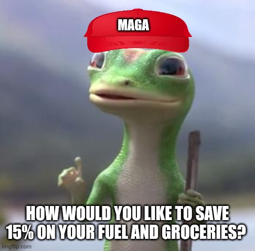 Since FUN section is politics, I'm posting this over here | MAGA; HOW WOULD YOU LIKE TO SAVE 15% ON YOUR FUEL AND GROCERIES? | image tagged in geico gecko | made w/ Imgflip meme maker