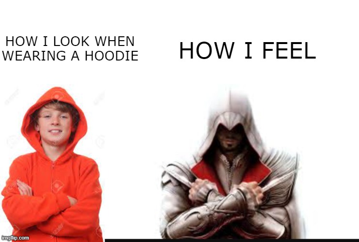 come on, you've all thought it at least once! | HOW I FEEL; HOW I LOOK WHEN WEARING A HOODIE | image tagged in blank white template,assassins creed,memes,funny,assassin,barney will eat all of your delectable biscuits | made w/ Imgflip meme maker