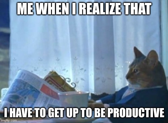 I Should Buy A Boat Cat Meme | ME WHEN I REALIZE THAT; I HAVE TO GET UP TO BE PRODUCTIVE | image tagged in memes,i should buy a boat cat | made w/ Imgflip meme maker