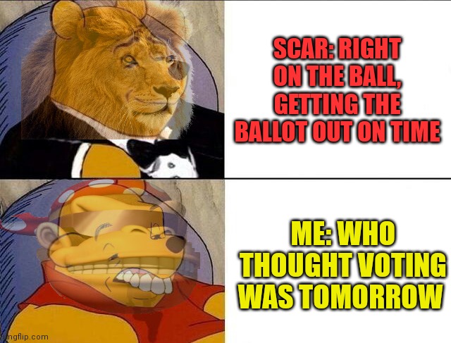 It's time to vote | SCAR: RIGHT ON THE BALL, GETTING THE BALLOT OUT ON TIME; ME: WHO THOUGHT VOTING WAS TOMORROW | image tagged in tuxedo winnie the pooh grossed reverse,its time,to vote | made w/ Imgflip meme maker