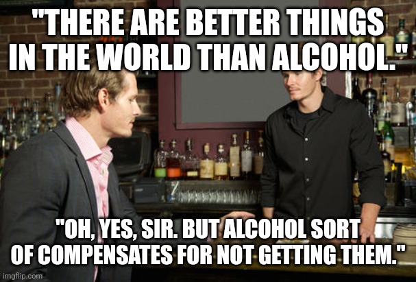 Drinking fills in the gaps |  "THERE ARE BETTER THINGS IN THE WORLD THAN ALCOHOL."; "OH, YES, SIR. BUT ALCOHOL SORT OF COMPENSATES FOR NOT GETTING THEM." | image tagged in guy talking to bartender,life goals,alcohol,whiskey,drinking | made w/ Imgflip meme maker