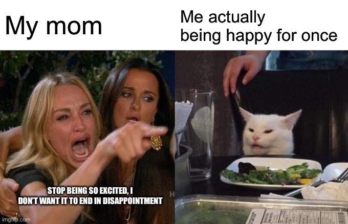 oh. ok then. | My mom; Me actually being happy for once; STOP BEING SO EXCITED, I DON’T WANT IT TO END IN DISAPPOINTMENT | image tagged in memes,woman yelling at cat,oh wow are you actually reading these tags | made w/ Imgflip meme maker