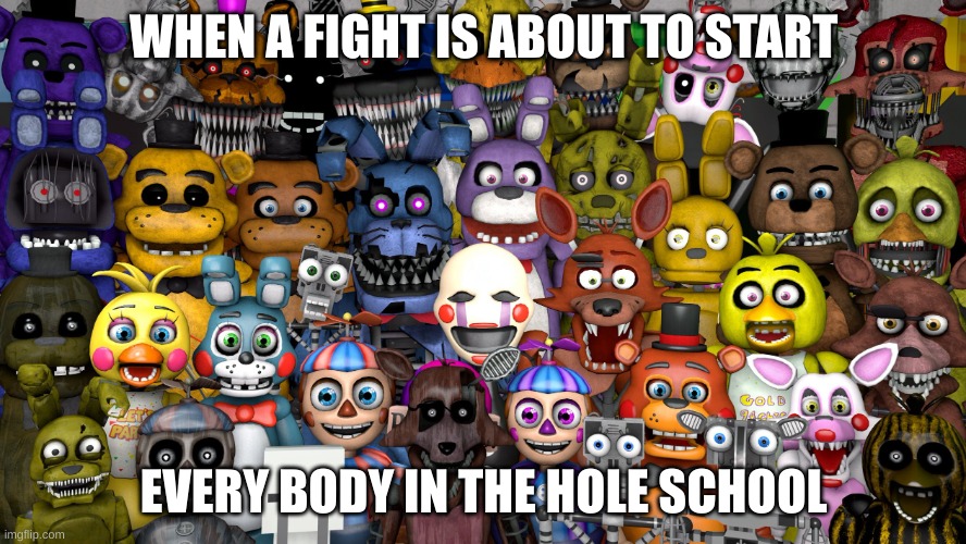 fights | WHEN A FIGHT IS ABOUT TO START; EVERY BODY IN THE HOLE SCHOOL | image tagged in fnaf animatronics | made w/ Imgflip meme maker