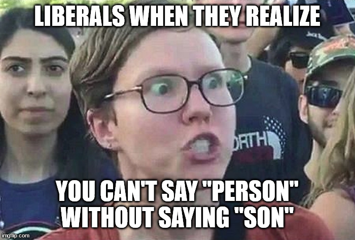 Triggered Liberal | LIBERALS WHEN THEY REALIZE YOU CAN'T SAY "PERSON" WITHOUT SAYING "SON" | image tagged in triggered liberal | made w/ Imgflip meme maker