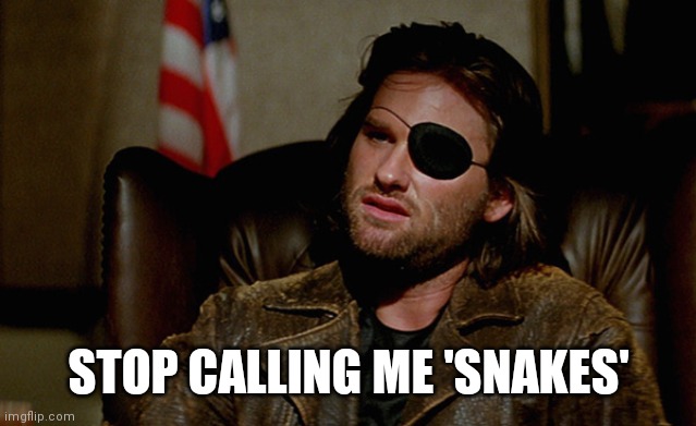 Escape from New York Snake Plisskin | STOP CALLING ME 'SNAKES' | image tagged in escape from new york snake plisskin | made w/ Imgflip meme maker