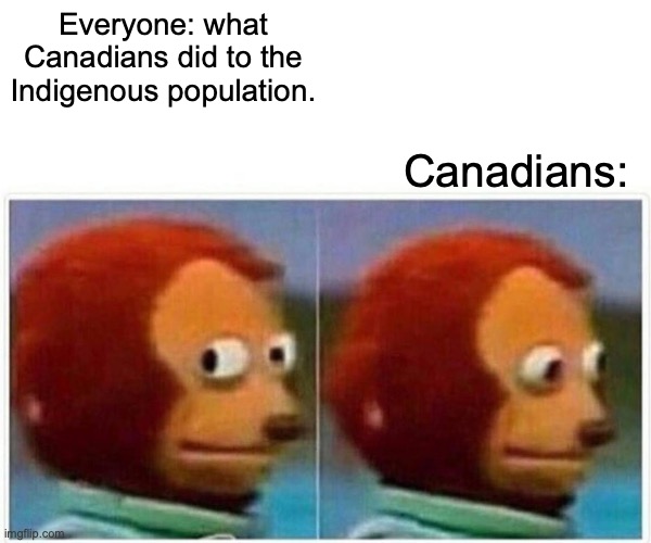 Monkey Puppet | Everyone: what Canadians did to the Indigenous population. Canadians: | image tagged in memes,monkey puppet | made w/ Imgflip meme maker