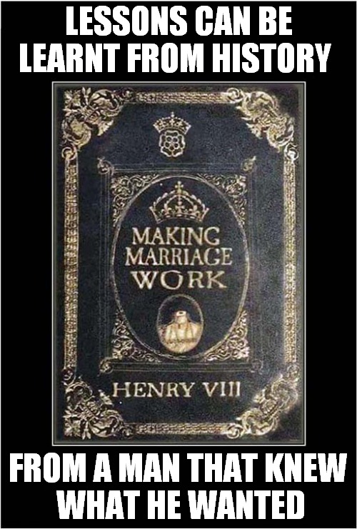 16th Century Marriage Guidance | LESSONS CAN BE LEARNT FROM HISTORY; FROM A MAN THAT KNEW
 WHAT HE WANTED | image tagged in marriage guidance,king henry viii,beheading,dark humour | made w/ Imgflip meme maker
