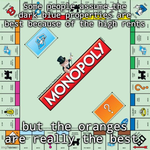 Light blues, light purples & reds are all better than dark blue. | Some people assume the dark blue properties are best because of the high rents; but the oranges are really the best. | image tagged in monopoly,values,mistake | made w/ Imgflip meme maker