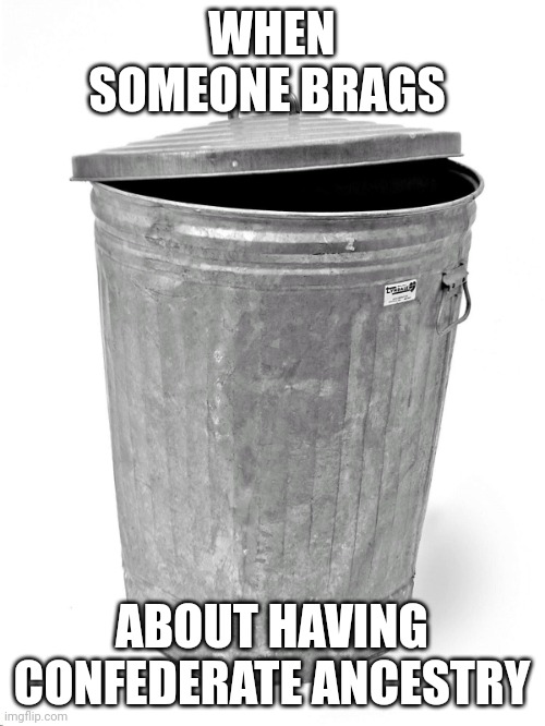 Trash Can | WHEN SOMEONE BRAGS; ABOUT HAVING CONFEDERATE ANCESTRY | image tagged in trash can | made w/ Imgflip meme maker