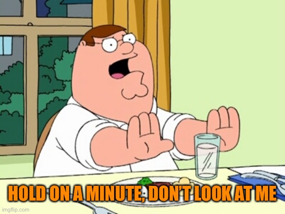 Peter Griffin WOAH | HOLD ON A MINUTE, DON’T LOOK AT ME | image tagged in peter griffin woah | made w/ Imgflip meme maker