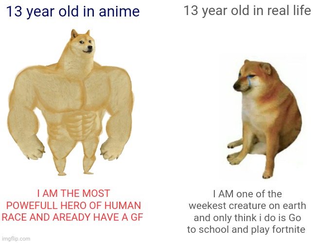 Anime vs real life ( and also they also have muscles mass of a 50 year old body builder ) | 13 year old in anime; 13 year old in real life; I AM THE MOST POWEFULL HERO OF HUMAN RACE AND AREADY HAVE A GF; I AM one of the weekest creature on earth and only think i do is Go to school and play fortnite | image tagged in memes,buff doge vs cheems,anime | made w/ Imgflip meme maker