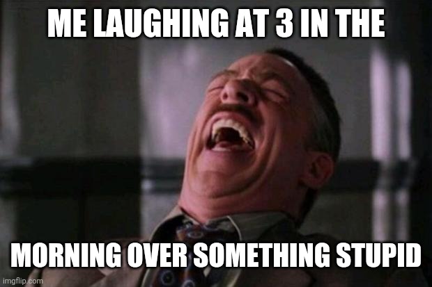 Everythings funny then | ME LAUGHING AT 3 IN THE; MORNING OVER SOMETHING STUPID | image tagged in spider man boss,delusional | made w/ Imgflip meme maker