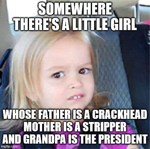 Confused Little Girl | SOMEWHERE THERE'S A LITTLE GIRL; WHOSE FATHER IS A CRACKHEAD
MOTHER IS A STRIPPER
AND GRANDPA IS THE PRESIDENT | image tagged in confused little girl | made w/ Imgflip meme maker