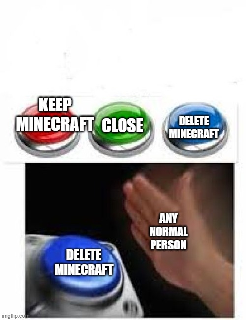 Red Green Blue Buttons | DELETE MINECRAFT; KEEP MINECRAFT; CLOSE; ANY NORMAL PERSON; DELETE MINECRAFT | image tagged in red green blue buttons,memes | made w/ Imgflip meme maker