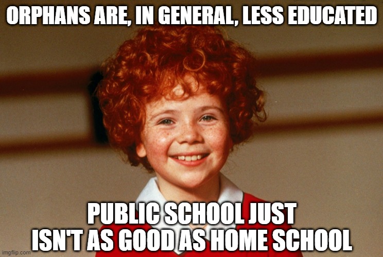 Poor Schooling | ORPHANS ARE, IN GENERAL, LESS EDUCATED; PUBLIC SCHOOL JUST ISN'T AS GOOD AS HOME SCHOOL | image tagged in little orphan annie | made w/ Imgflip meme maker