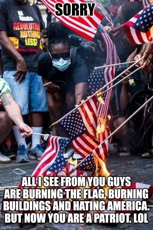 Flag Burners | SORRY ALL I SEE FROM YOU GUYS ARE BURNING THE FLAG, BURNING BUILDINGS AND HATING AMERICA. BUT NOW YOU ARE A PATRIOT. LOL | image tagged in flag burners | made w/ Imgflip meme maker
