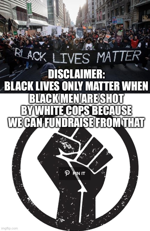 Disclaimer | DISCLAIMER:
BLACK LIVES ONLY MATTER WHEN BLACK MEN ARE SHOT BY WHITE COPS BECAUSE WE CAN FUNDRAISE FROM THAT | image tagged in black lives matter,blm fist | made w/ Imgflip meme maker