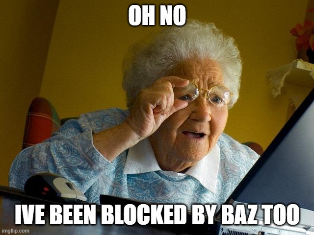 Grandma Finds The Internet Meme | OH NO; IVE BEEN BLOCKED BY BAZ TOO | image tagged in memes,grandma finds the internet | made w/ Imgflip meme maker