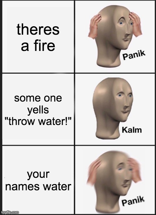 water | theres a fire; some one yells "throw water!"; your names water | image tagged in memes,panik kalm panik | made w/ Imgflip meme maker