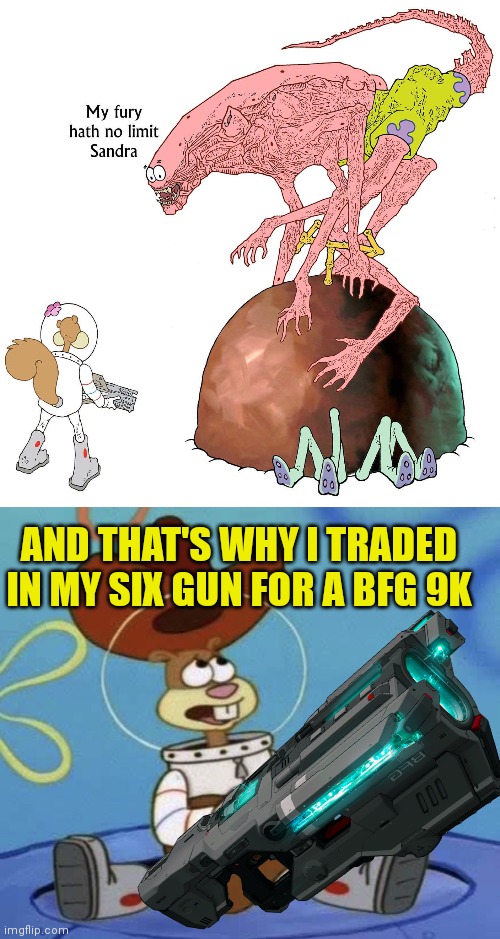 What the heck happened here? | AND THAT'S WHY I TRADED IN MY SIX GUN FOR A BFG 9K | image tagged in i wanna go home,bfg,sandy cheeks,patrick star,cursed image | made w/ Imgflip meme maker
