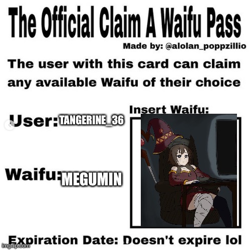 E | TANGERINE_36; MEGUMIN | image tagged in official claim a waifu pass | made w/ Imgflip meme maker
