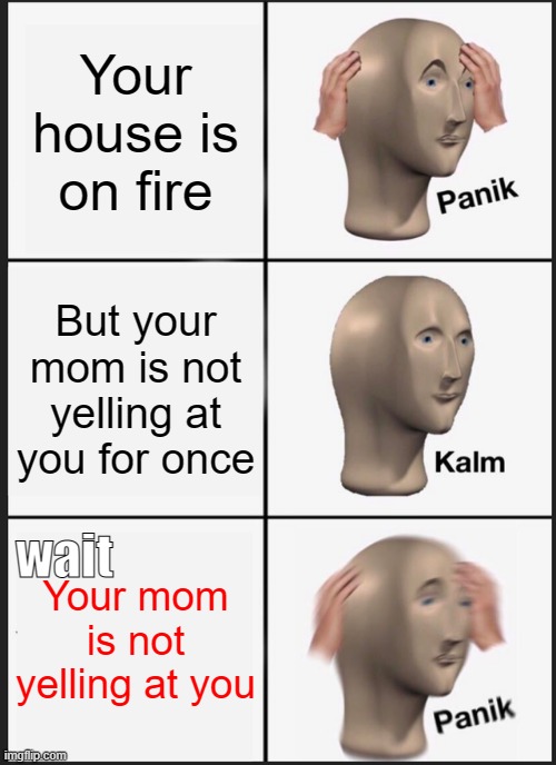 Panik Kalm Panik | Your house is on fire; But your mom is not yelling at you for once; wait; Your mom is not yelling at you | image tagged in memes,panik kalm panik | made w/ Imgflip meme maker