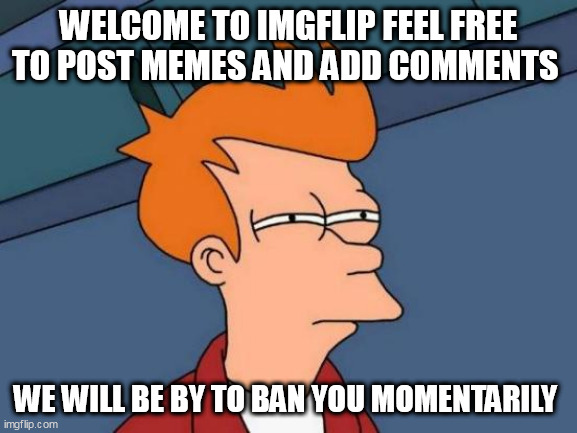 Futurama Fry Meme | WELCOME TO IMGFLIP FEEL FREE TO POST MEMES AND ADD COMMENTS; WE WILL BE BY TO BAN YOU MOMENTARILY | image tagged in memes,futurama fry | made w/ Imgflip meme maker