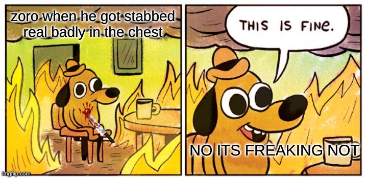 One Piece Zoro | zoro when he got stabbed real badly in the chest; NO ITS FREAKING NOT | image tagged in memes,this is fine | made w/ Imgflip meme maker
