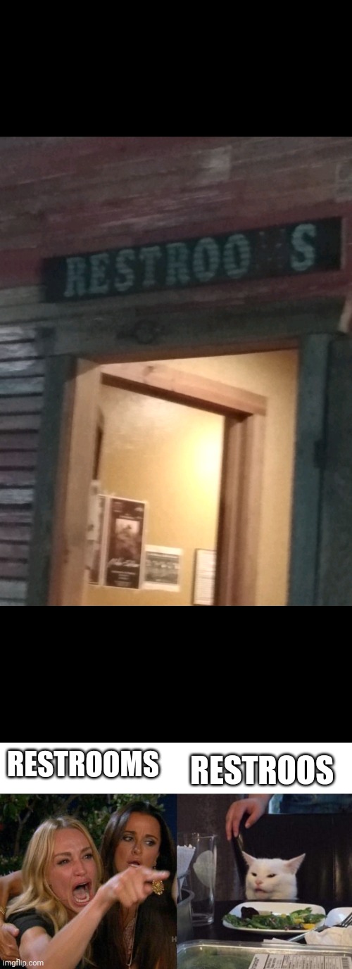 Yep | RESTROOS; RESTROOMS | image tagged in memes,woman yelling at cat | made w/ Imgflip meme maker