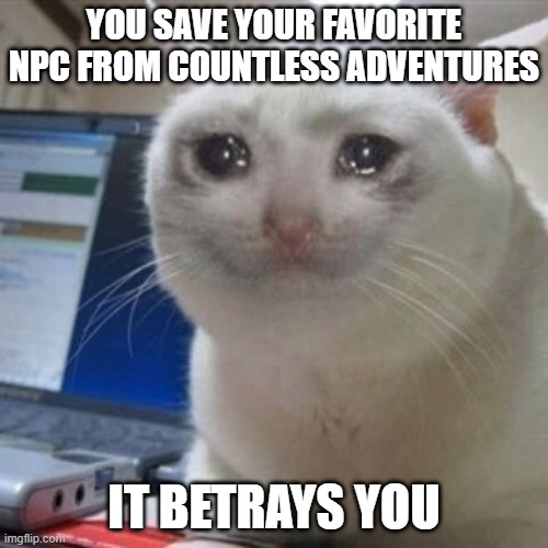 Very sad | YOU SAVE YOUR FAVORITE NPC FROM COUNTLESS ADVENTURES; IT BETRAYS YOU | image tagged in crying cat | made w/ Imgflip meme maker