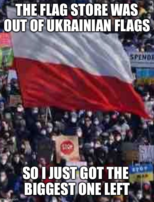 THE FLAG STORE WAS OUT OF UKRAINIAN FLAGS SO I JUST GOT THE 
BIGGEST ONE LEFT | made w/ Imgflip meme maker