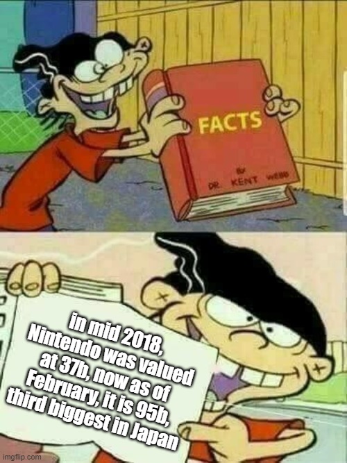 I'm assuming the top 2 are Toyota and some other car company, but what a blowup | in mid 2018, Nintendo was valued at 37b, now as of February, it is 95b, third biggest in Japan | image tagged in double d facts book,nintendo | made w/ Imgflip meme maker