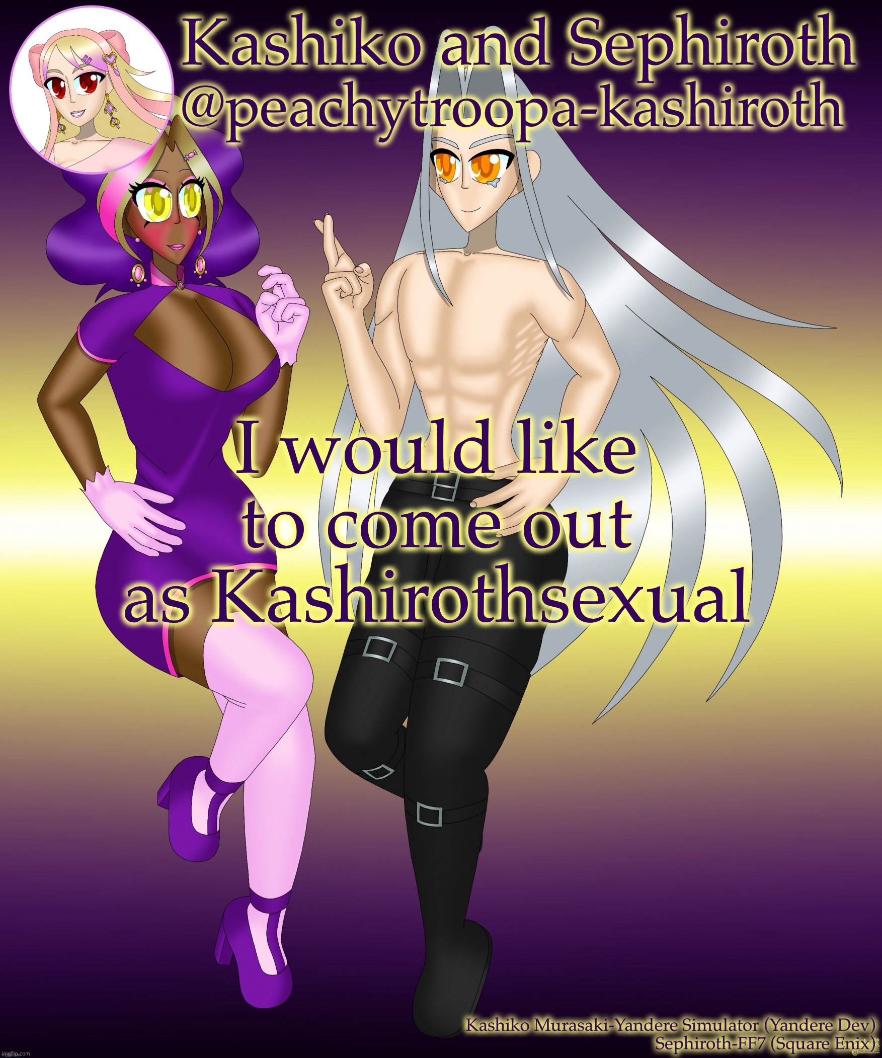 Late to the trend but ok | I would like to come out as Kashirothsexual | image tagged in kashiko murasaki and sephiroth | made w/ Imgflip meme maker
