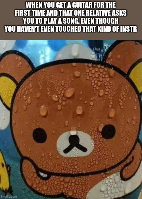 Bear sweating nervously | WHEN YOU GET A GUITAR FOR THE FIRST TIME AND THAT ONE RELATIVE ASKS YOU TO PLAY A SONG. EVEN THOUGH YOU HAVEN'T EVEN TOUCHED THAT KIND OF INSTR | image tagged in bear sweating nervously | made w/ Imgflip meme maker