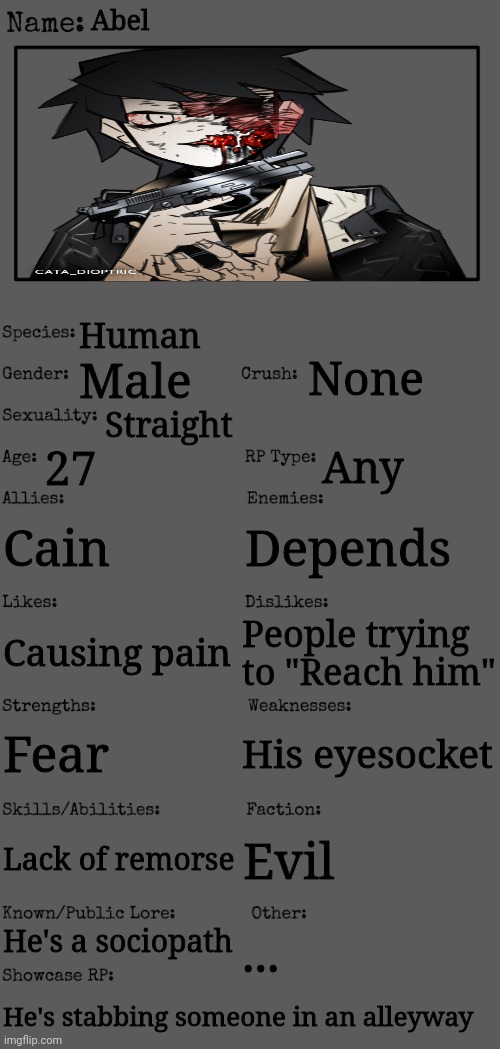 New OC showcase for RP stream | Abel; Human; None; Male; Straight; 27; Any; Cain; Depends; People trying to "Reach him"; Causing pain; Fear; His eyesocket; Lack of remorse; Evil; He's a sociopath; ... He's stabbing someone in an alleyway | image tagged in new oc showcase for rp stream | made w/ Imgflip meme maker