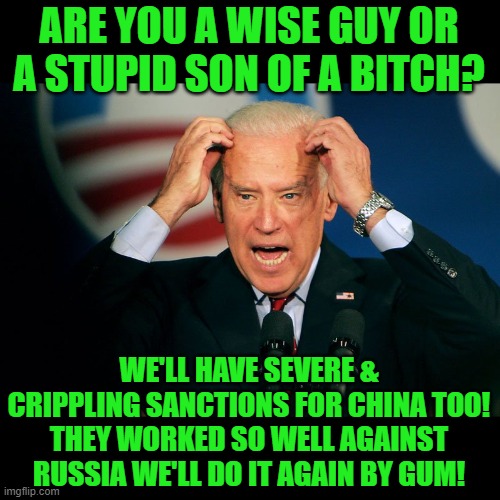 Joe Biden | ARE YOU A WISE GUY OR A STUPID SON OF A BITCH? WE'LL HAVE SEVERE & CRIPPLING SANCTIONS FOR CHINA TOO! THEY WORKED SO WELL AGAINST RUSSIA WE' | image tagged in joe biden | made w/ Imgflip meme maker