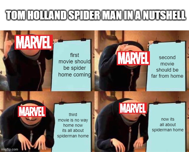 Spiderman home | TOM HOLLAND SPIDER MAN IN A NUTSHELL; first movie should be spider home coming; second movie should be far from home; third movie is no way home now its all about spiderman home; now its all about spiderman home | image tagged in memes,gru's plan | made w/ Imgflip meme maker