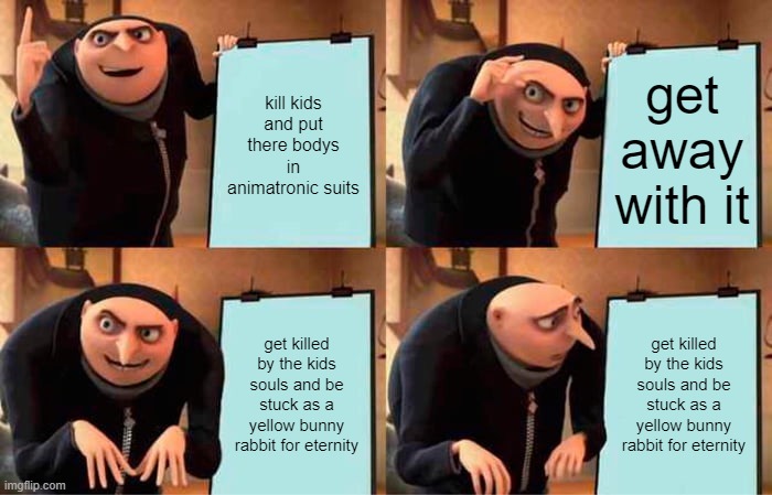 Gru's Plan | kill kids and put there bodys in animatronic suits; get away with it; get killed by the kids souls and be stuck as a yellow bunny rabbit for eternity; get killed by the kids souls and be stuck as a yellow bunny rabbit for eternity | image tagged in memes,gru's plan | made w/ Imgflip meme maker