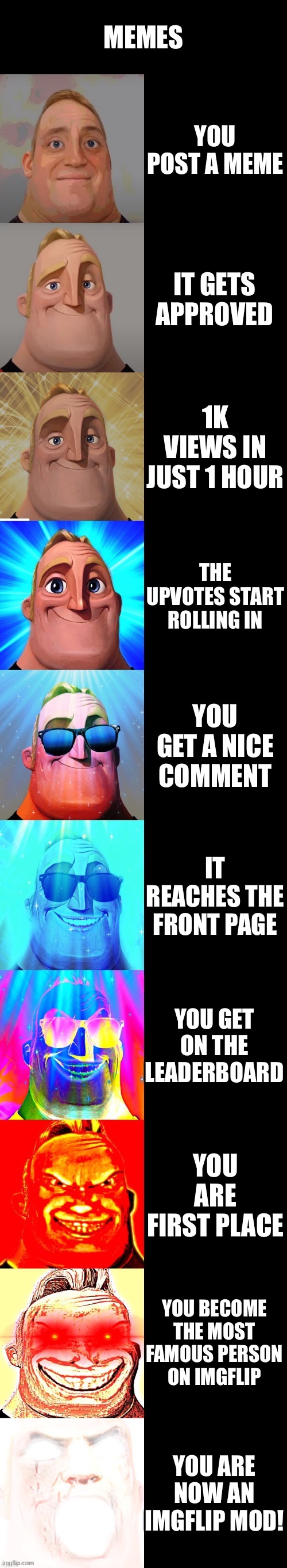 mr incredible becoming canny | MEMES; YOU POST A MEME; IT GETS APPROVED; 1K VIEWS IN JUST 1 HOUR; THE UPVOTES START ROLLING IN; YOU GET A NICE COMMENT; IT REACHES THE FRONT PAGE; YOU GET ON THE LEADERBOARD; YOU ARE FIRST PLACE; YOU BECOME THE MOST FAMOUS PERSON ON IMGFLIP; YOU ARE NOW AN IMGFLIP MOD! | image tagged in mr incredible becoming canny | made w/ Imgflip meme maker