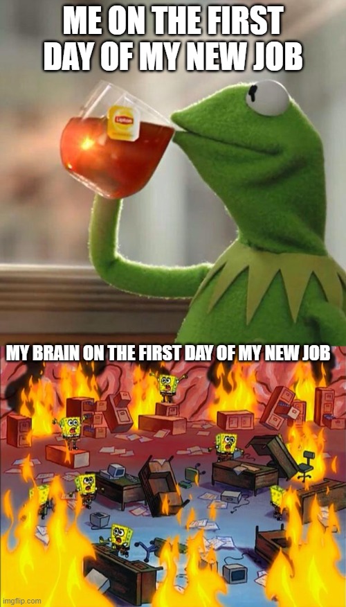 ME ON THE FIRST DAY OF MY NEW JOB; MY BRAIN ON THE FIRST DAY OF MY NEW JOB | image tagged in kermit lipton,spongebob fire | made w/ Imgflip meme maker