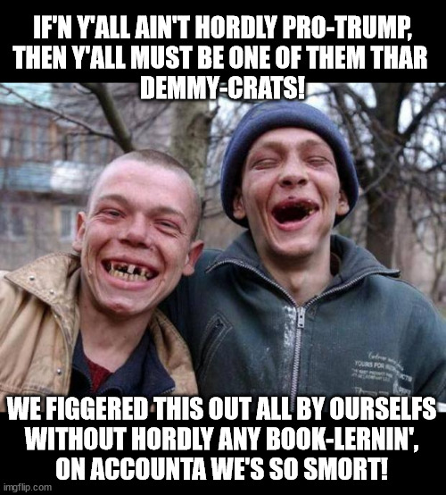 No teeth | IF'N Y'ALL AIN'T HORDLY PRO-TRUMP,
THEN Y'ALL MUST BE ONE OF THEM THAR 
DEMMY-CRATS! WE FIGGERED THIS OUT ALL BY OURSELFS
WITHOUT HORDLY ANY BOOK-LERNIN',
ON ACCOUNTA WE'S SO SMORT! | image tagged in no teeth | made w/ Imgflip meme maker
